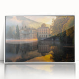 Large art print of a mid-century modernist palace in muted gray and white tones, acrylic framed.