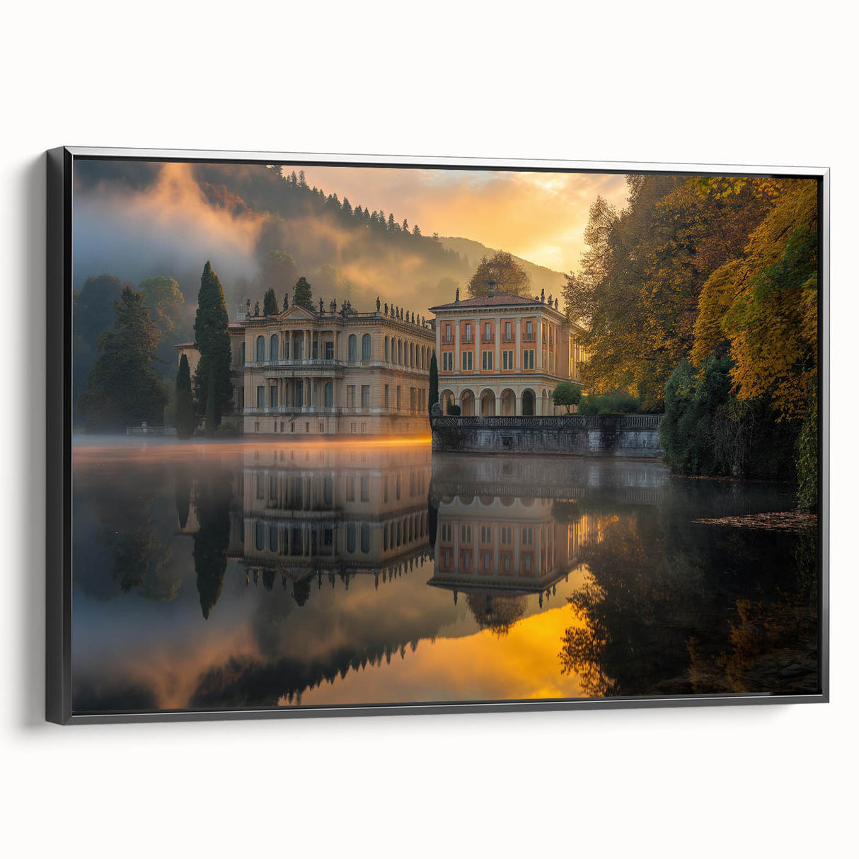Black and white vintage poster art of a palace design on framed canvas, suitable for bedroom wall decor.