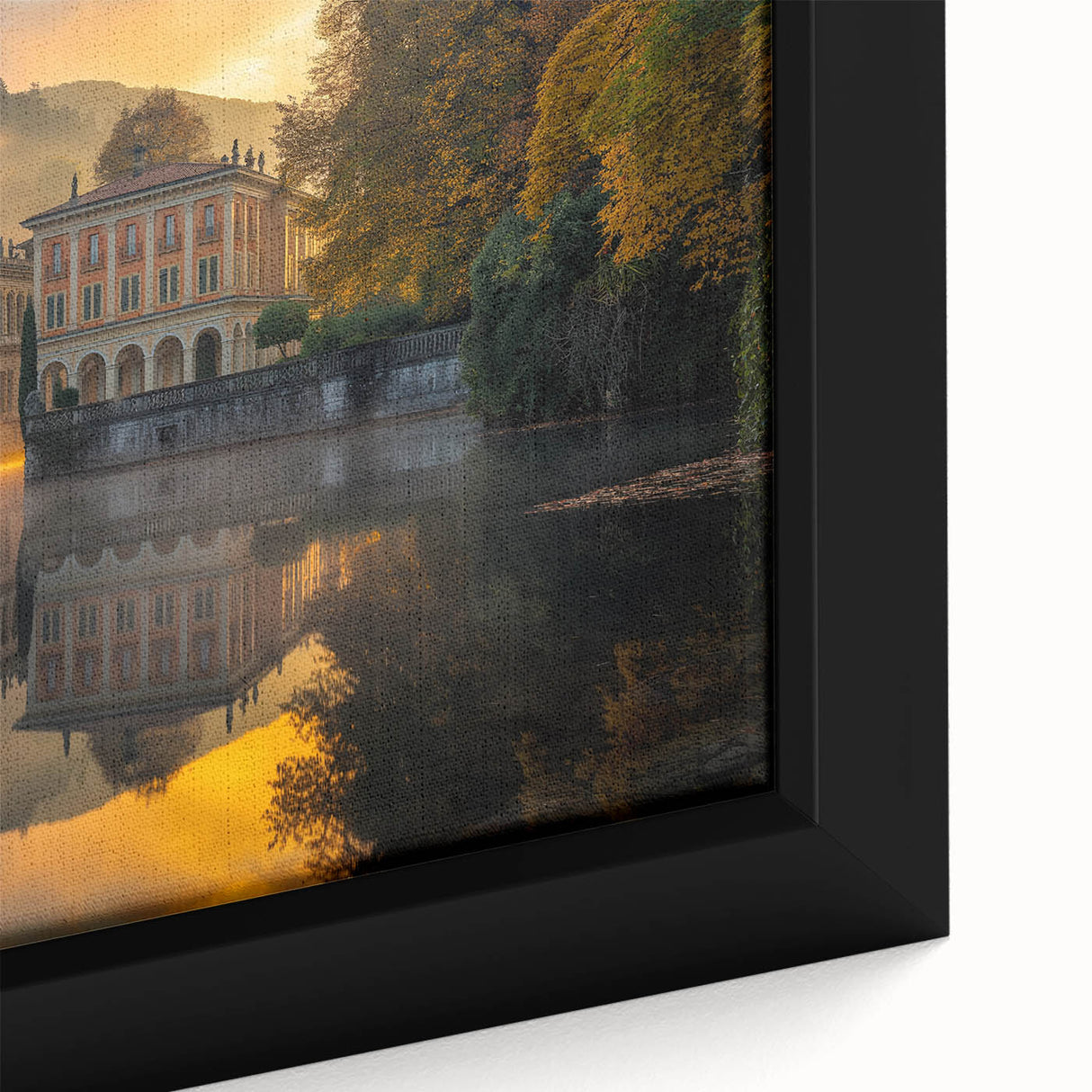 Framed canvas featuring a close-up of a black textured palace design with colorful art accents, ideal for living room decor.