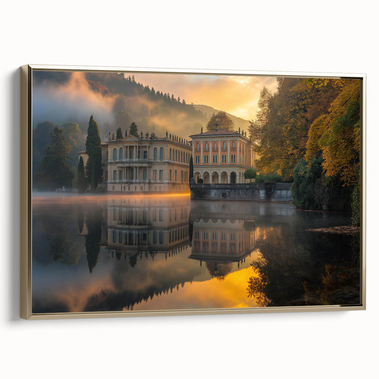 Landscape art painting of a palace, displayed on a gold-framed canvas.