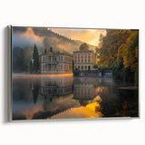 Vintage poster art of a palace design on framed canvas, featuring muted silver and black tones, ideal for living room decor.
