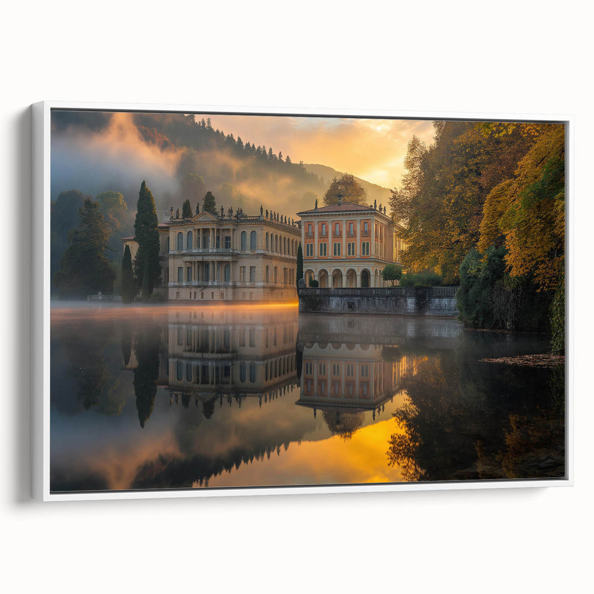 Vintage poster art of a palace in muted black and white tones on a framed canvas, ideal for bedroom wall decor.