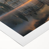 Art deco poster featuring a symmetrical palace design in muted gold and black on rolled canvas.