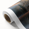 Art deco poster of a palace architecture in muted gold and white, rolled canvas, suitable as nursery wall art.
