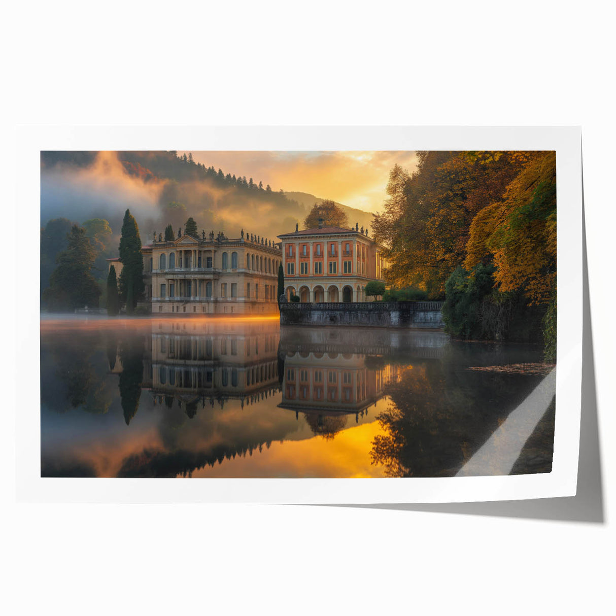 Extra large rolled print of a classic palace architecture with floral elements in muted earth tones.