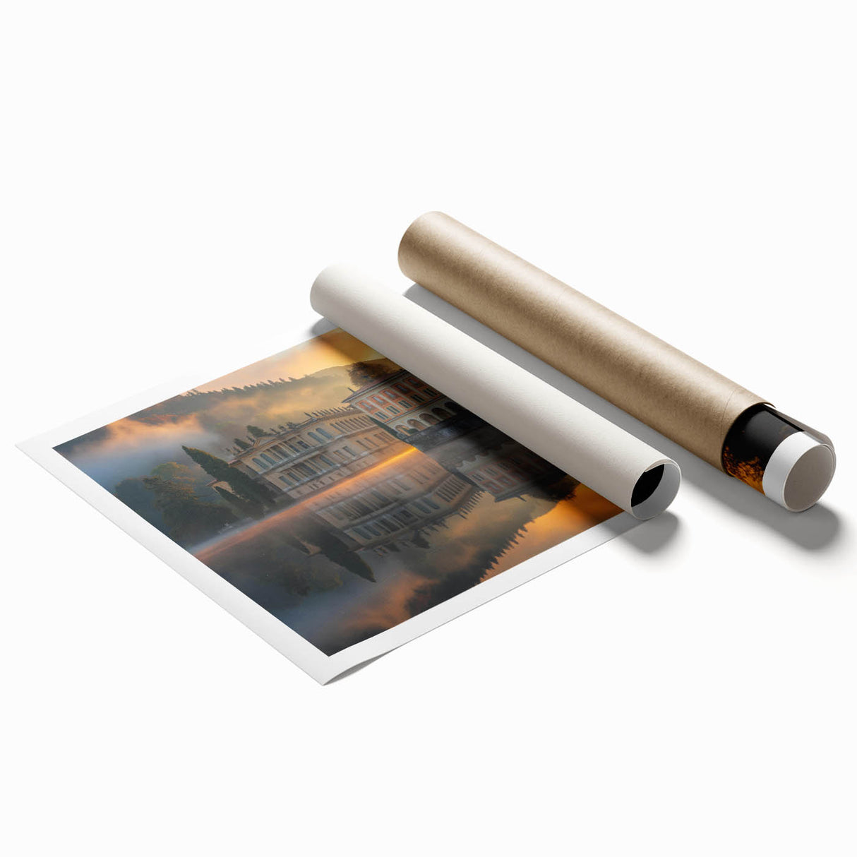 Rolled print of a large palace architecture design with floral elements, in soft beige and white.