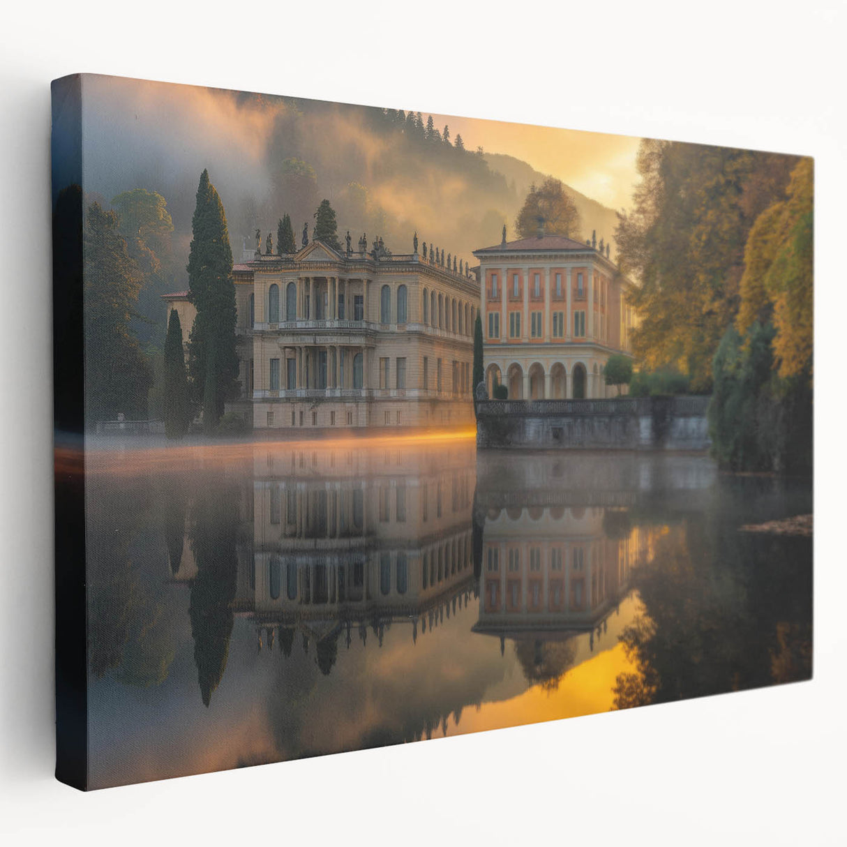 Large art print of a baroque palace architecture on stretched canvas, using muted earth tones, suitable for kitchen wall art.