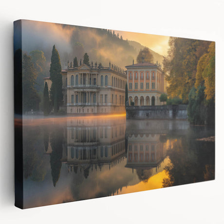 Large art print of a baroque palace architecture on stretched canvas, using muted earth tones, suitable for kitchen wall art.