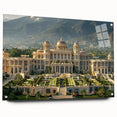 Large abstract wall art on acrylic glass depicting a palace design in muted gray and blue tones, ideal for dining room decor.