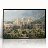 Large abstract wall art featuring a mid-century modernist palace design in black and white tones, framed in acrylic.