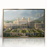 Mid-century modernist art deco palace design in gold and white tones, acrylic framed, suitable for modern art wall decor.