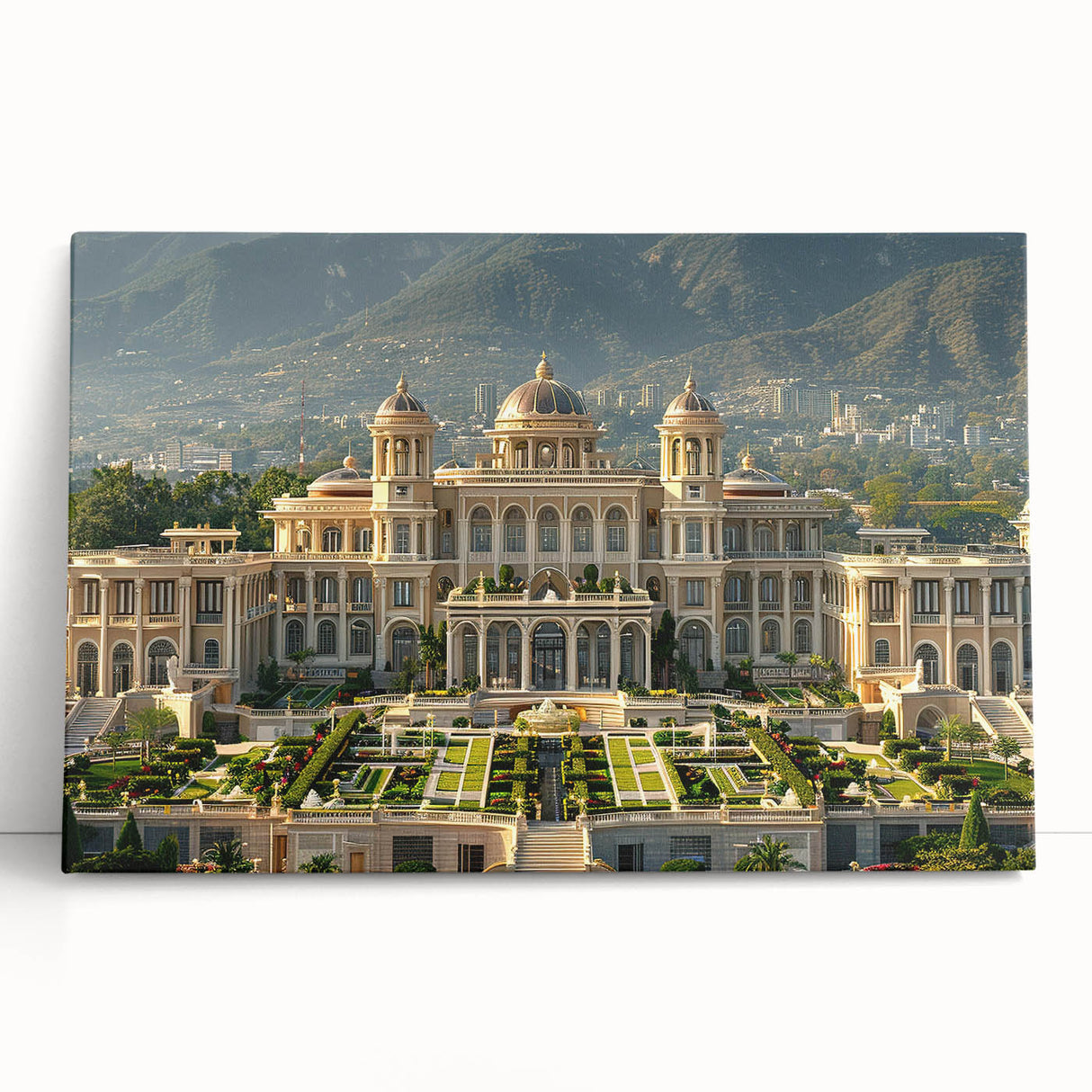Black and white photograph of a leaning palace architecture on stretched canvas.