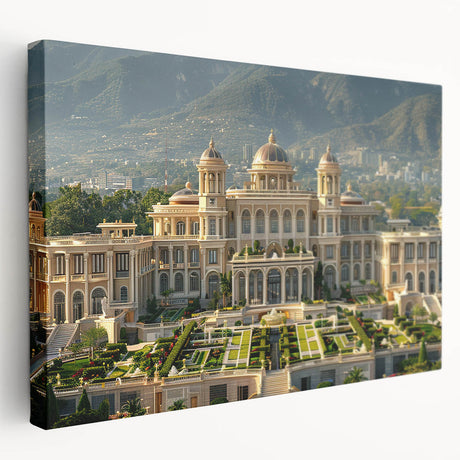 Large art depicting an ornate palace design in muted beige tones on a stretched canvas, ideal for kitchen wall art.