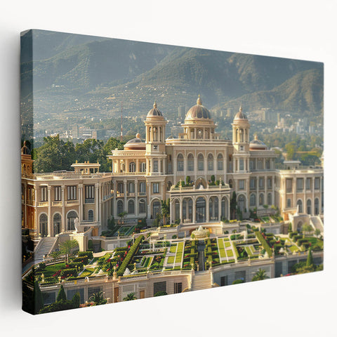 Large art depicting an ornate palace design in muted beige tones on a stretched canvas, ideal for kitchen wall art.