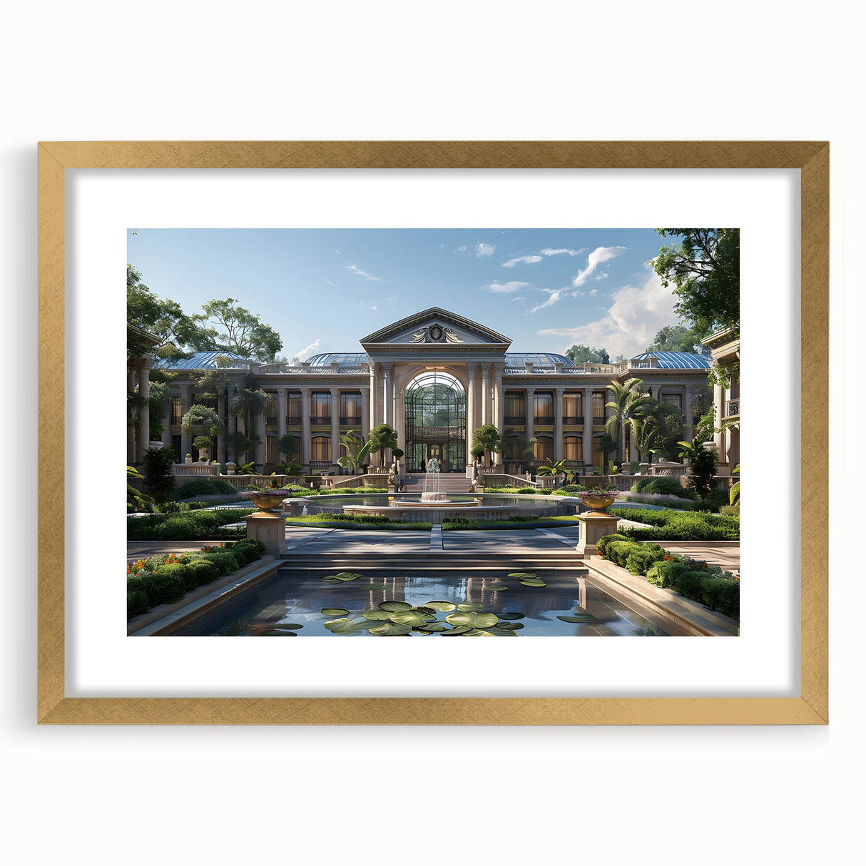Textured abstract art print of a palace, in muted gold and beige tones on a framed canvas, suitable for bedroom decor.