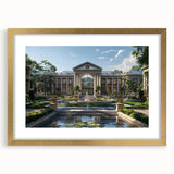 Textured abstract art print of a palace, in muted gold and beige tones on a framed canvas, suitable for bedroom decor.