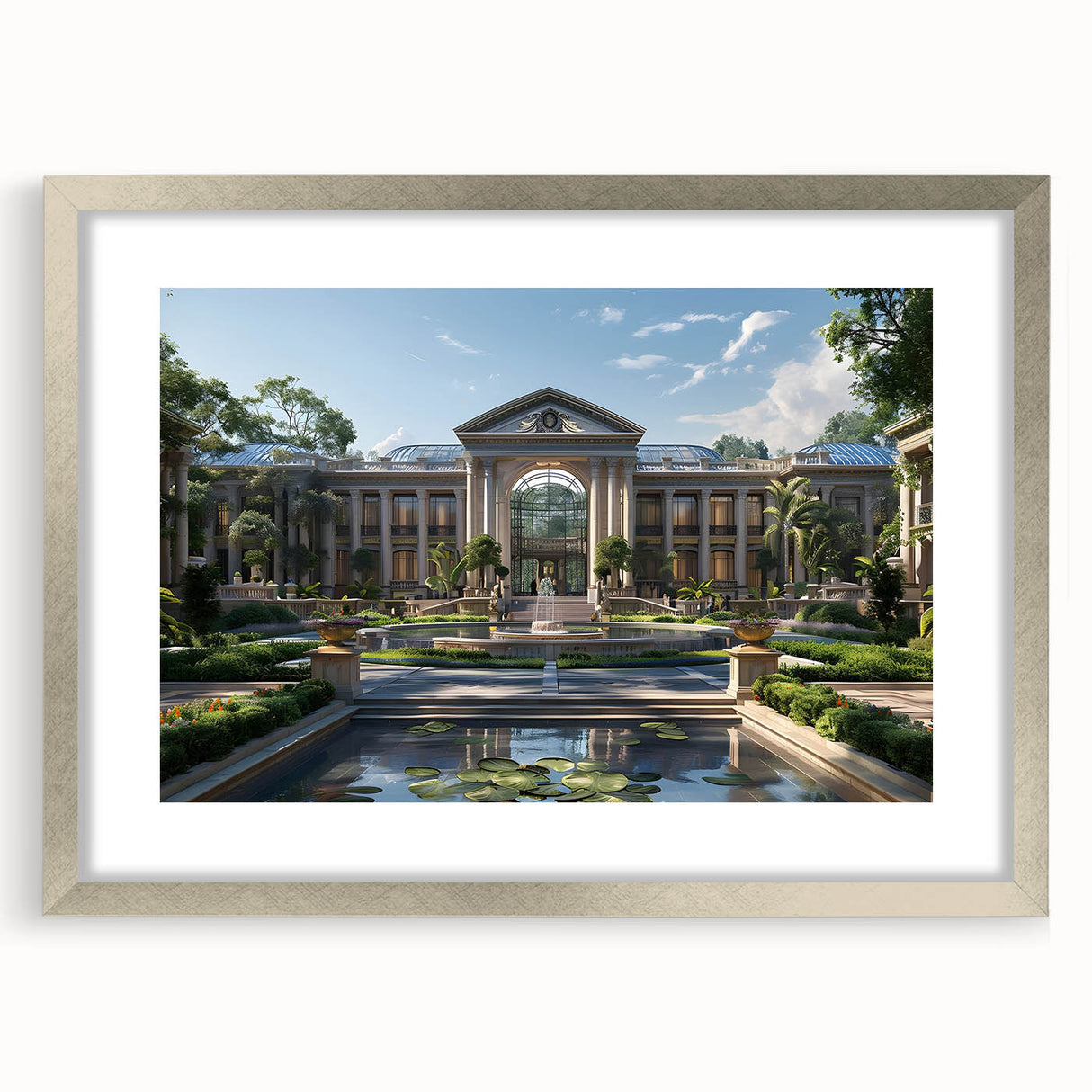 Abstract art print of a palace, using muted silver and gray tones, framed with a silver mat, ideal for dining room decor.