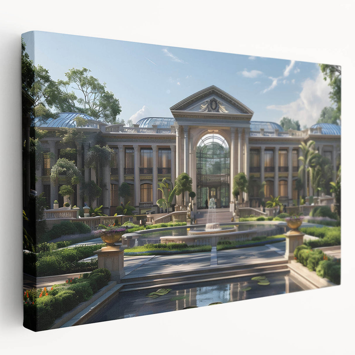 Side view of a large stretched canvas featuring a detailed illustration of a classical palace in earth tones.