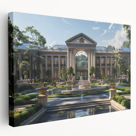 Side view of a large stretched canvas featuring a detailed illustration of a classical palace in earth tones.