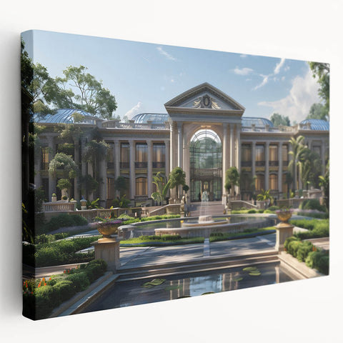 Side view of a large stretched canvas featuring a detailed illustration of a classical palace in earth tones.