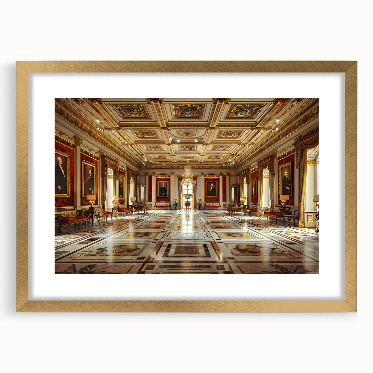 Textured abstract art print of a palace in muted gold and cream tones, framed with a golden mat, suitable for bedroom decor.