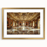 Textured abstract art print of a palace in muted gold and cream tones, framed with a golden mat, suitable for bedroom decor.