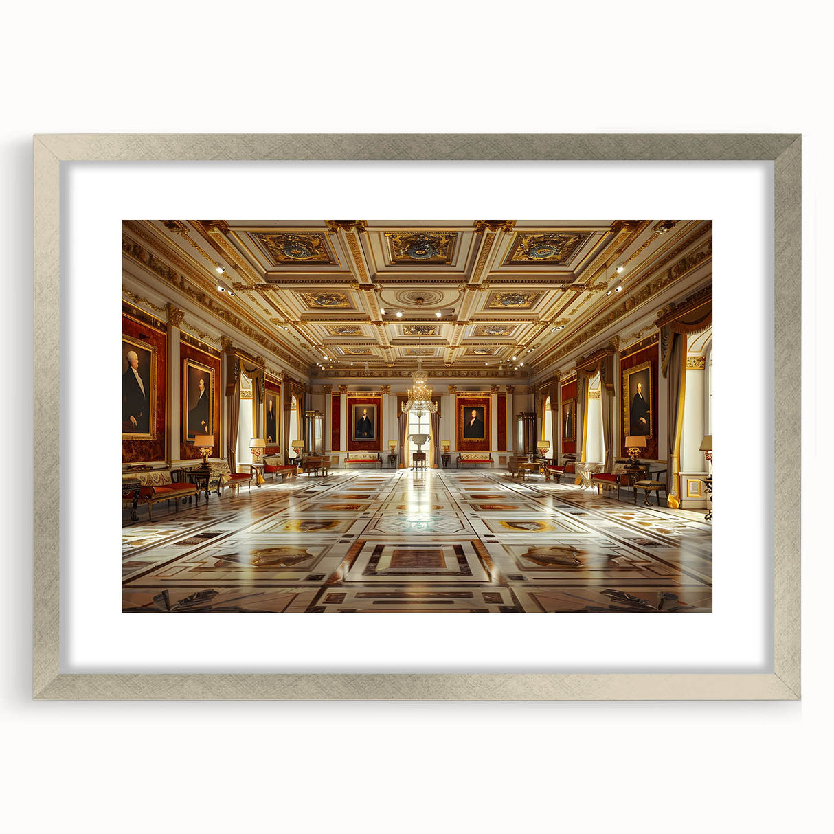 Abstract art print featuring geometric patterns in muted gold and silver tones on a framed canvas.