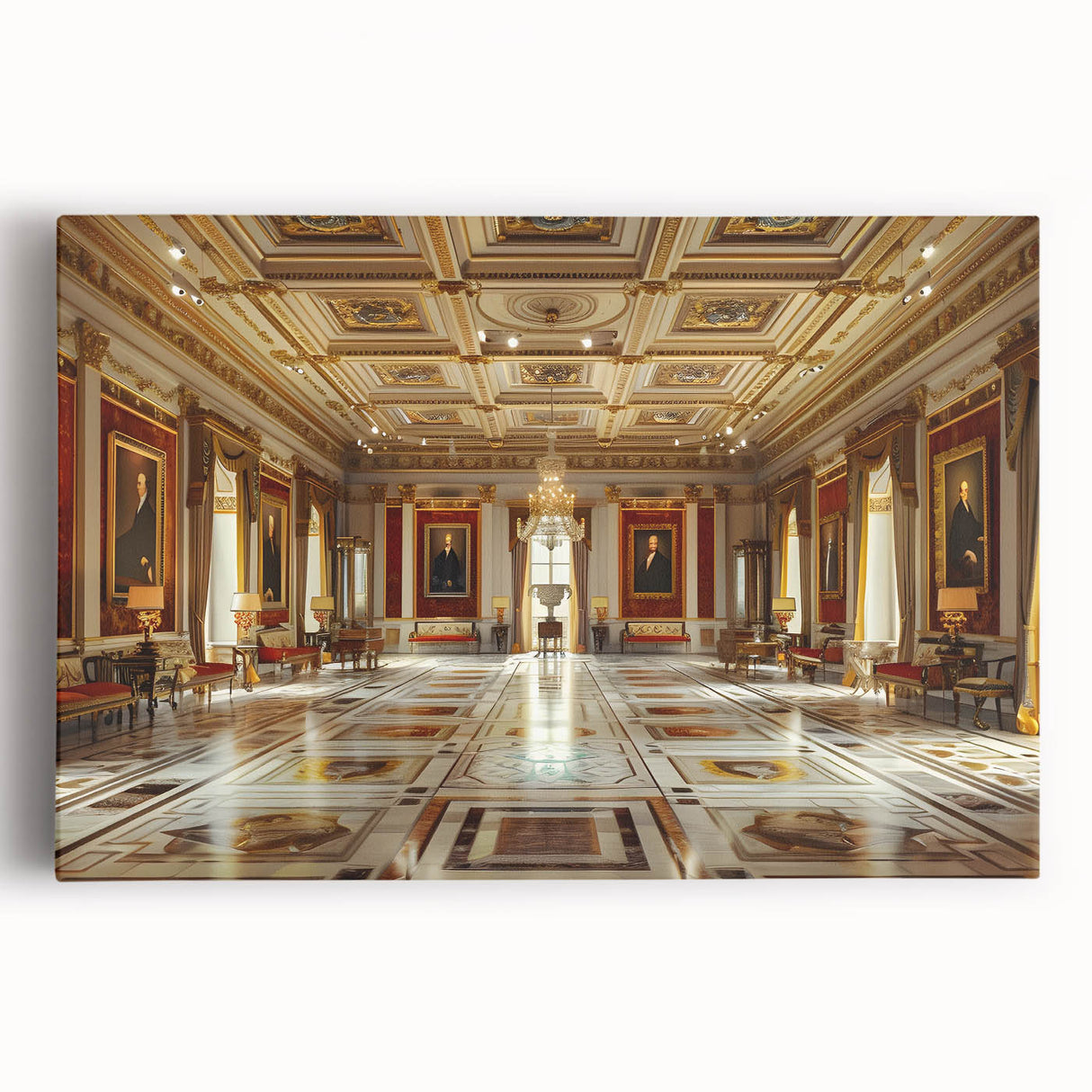 Large black and white photo of a palace on stretched canvas, suitable for kitchen wall art.