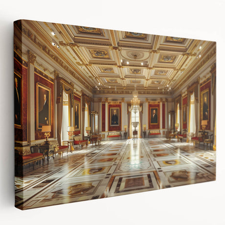 Side view of a large stretched canvas featuring an intricate palace architecture design in neutral tones.