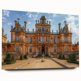 Large abstract wall art on acrylic glass depicting a modern palace design in muted gray tones.