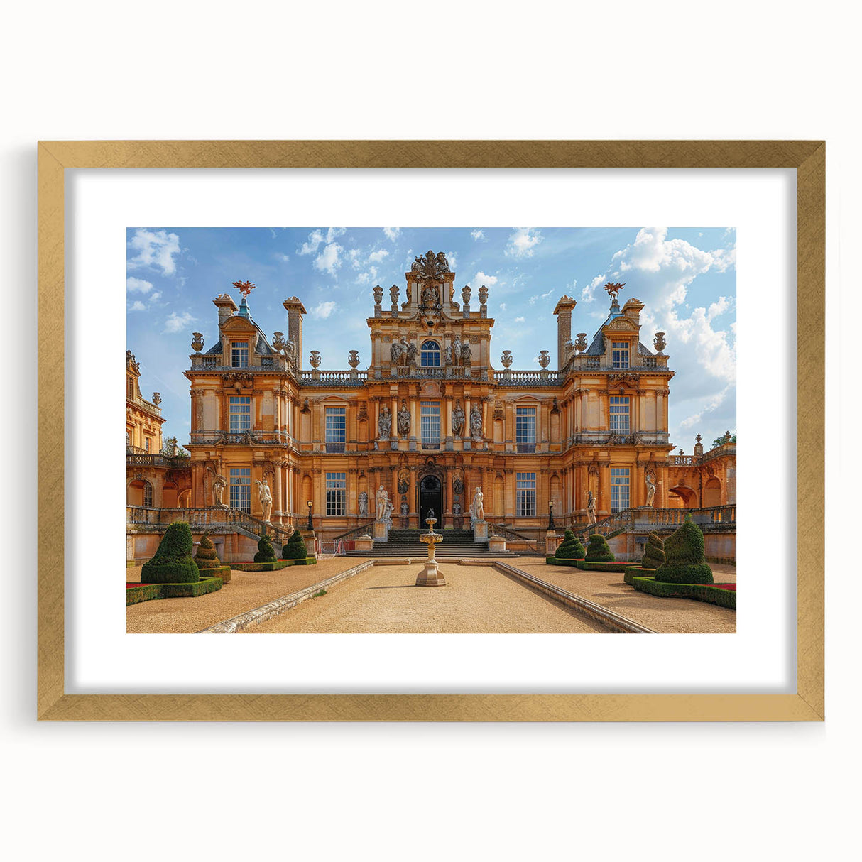 Textured abstract art print depicting a golden palace, with a matte gold frame, suitable for bedroom decor.