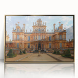 Mid-century modernist palace design in gold and white tones on a framed acrylic, suitable for nursery wall art.