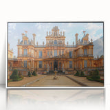 Mid-century modernist palace design in muted tones on a framed acrylic, ideal for modern art wall decor.