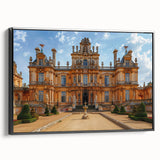 Black and white framed canvas featuring a vintage poster-style landscape of a palace, ideal for bedroom wall art.