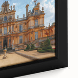 Close-up of extra-large black wall art featuring a colorful, textured palace design on framed canvas.