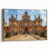 Framed canvas of a vintage-style landscape painting featuring a palace in muted gold and black tones.