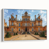 Framed canvas featuring a vintage poster of a palace in muted black and white tones, ideal for bedroom wall decor.