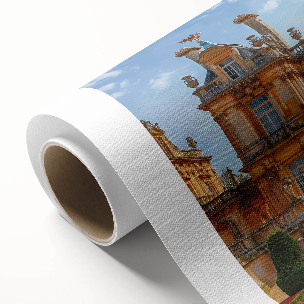 Art Deco style palace architecture poster in muted gold and navy tones on rolled canvas.