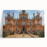 Black and white photograph of a leaning palace architecture on stretched canvas.