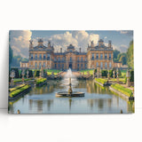 Black and white large art print of a leaning palace architecture on stretched canvas.
