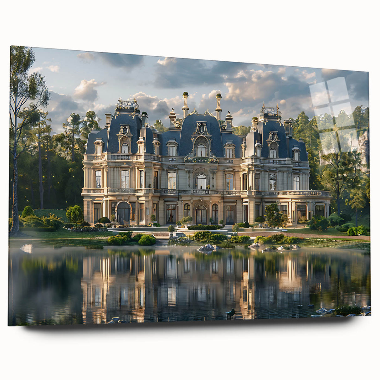Large abstract wall art on acrylic glass depicting a modern palace design in muted earth tones.