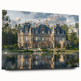 Large abstract wall art on acrylic glass depicting a modern palace design in muted earth tones.