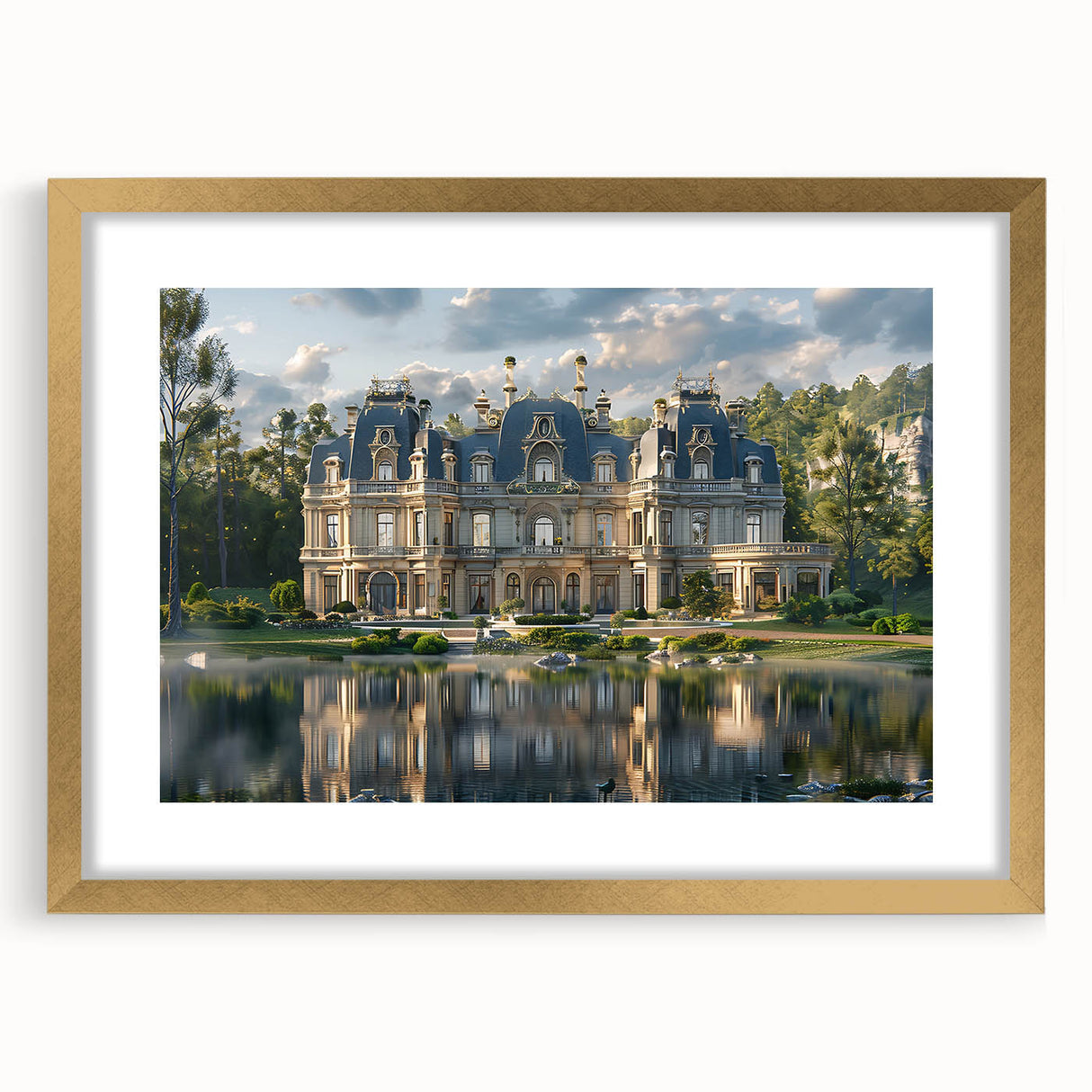 Textured abstract art print of a palace, in gold hues on a framed canvas, suitable for bedroom decor.