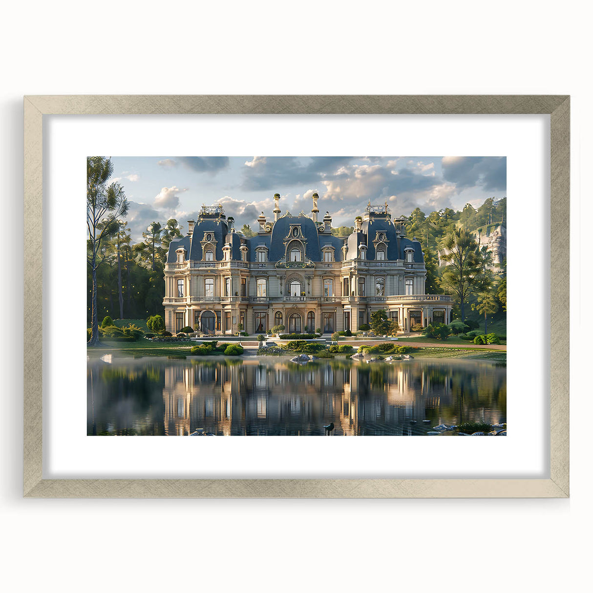 Abstract art print of a palace design in muted gray and silver tones on a framed canvas, ideal for dining room decor.