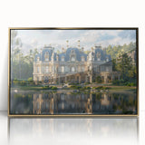 Mid-century modernist art of a palace, in gold and white hues, framed acrylic, ideal for nursery wall decor.