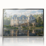 Art deco poster of an architectural palace design in silver tones on acrylic, framed.
