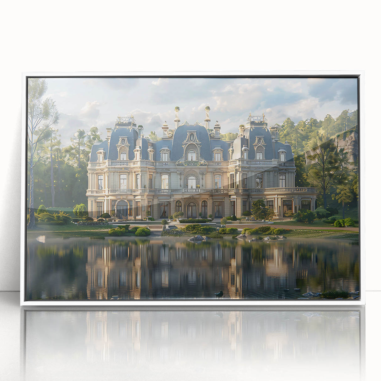 Large art print of a mid-century modernist palace design in muted beige and white, framed acrylic.