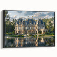 Black and white framed canvas of a vintage palace landscape, ideal for bedroom wall decor.