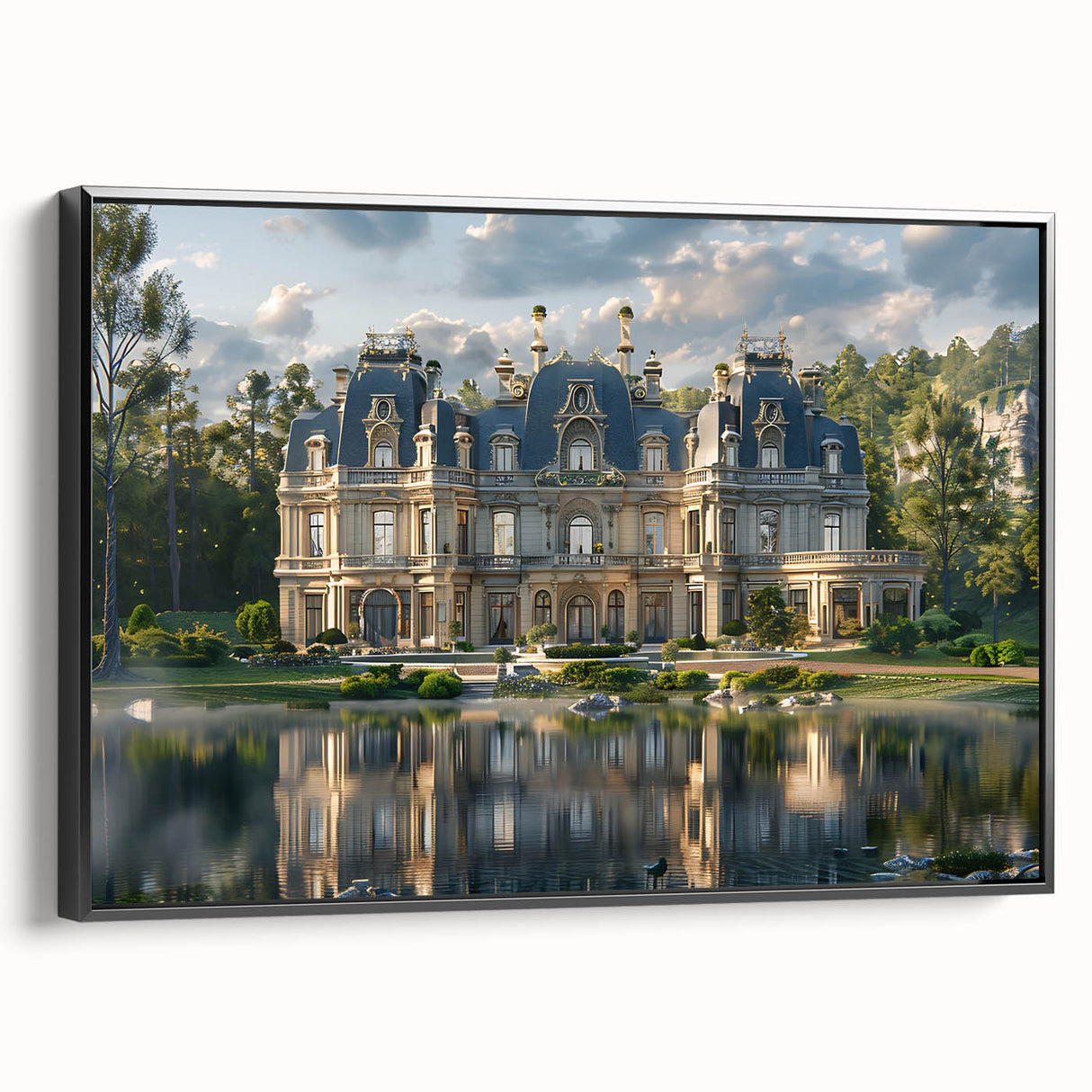 Black and white framed canvas of a vintage palace landscape, ideal for bedroom wall decor.