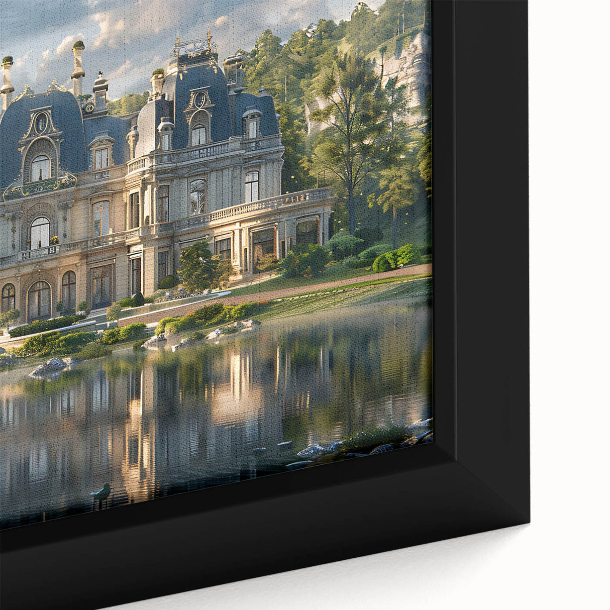 Extra large framed canvas featuring a close-up of a black palace design with colorful, textured art details.